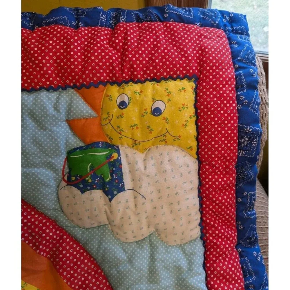 80s Wall Hanging Baby Quilt Rainbow Painter Artist Boy Primary Colors Decor Vtg
